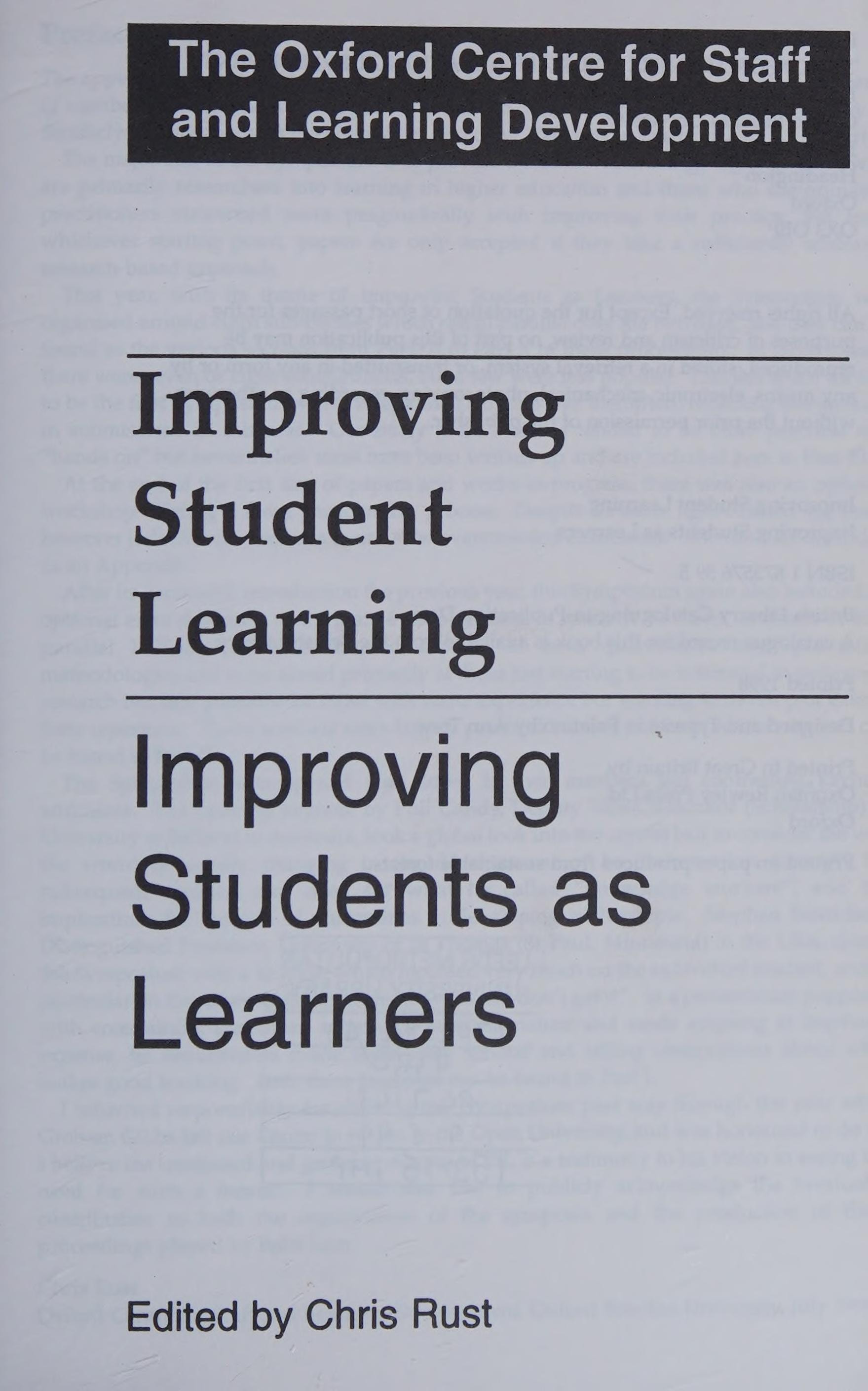 Improving Students as Learners (Improving Student Learning)