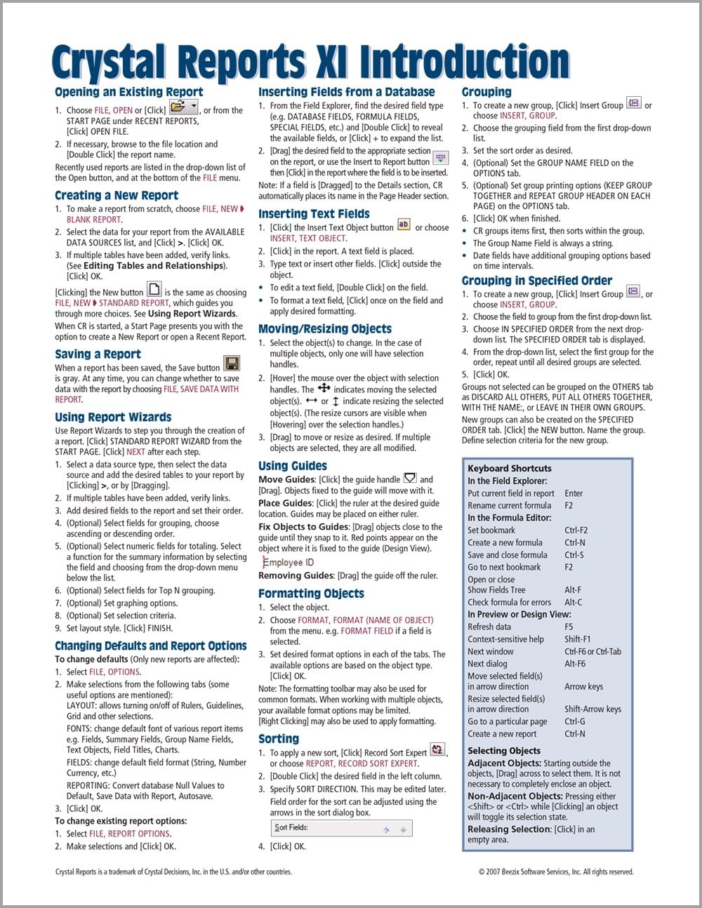 Crystal Reports XI Quick Reference Guide: Introduction (Cheat Sheet of Instructions, Tips & Shortcuts - Laminated Card)